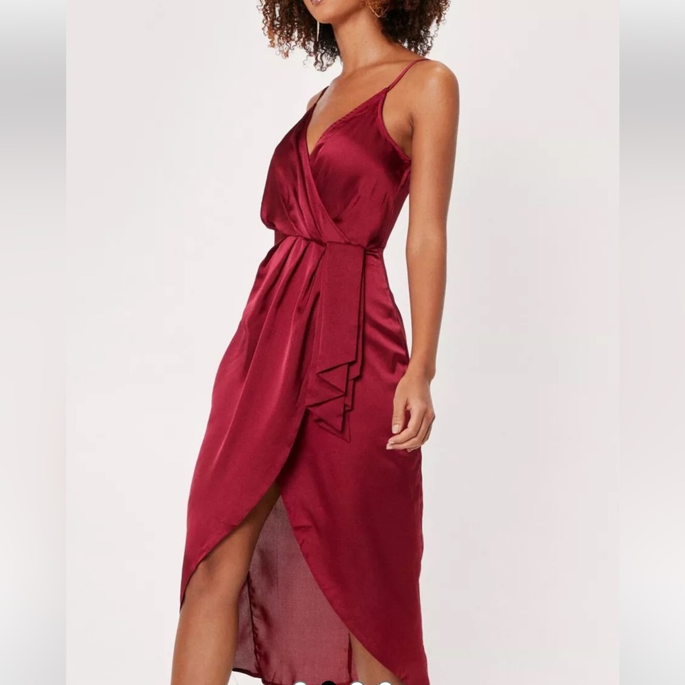 Nasty Gal Burgundy Satin Spaghetti Adjustable Strap Midi Wrap Dress Sz 2 - Picture 10 of 13